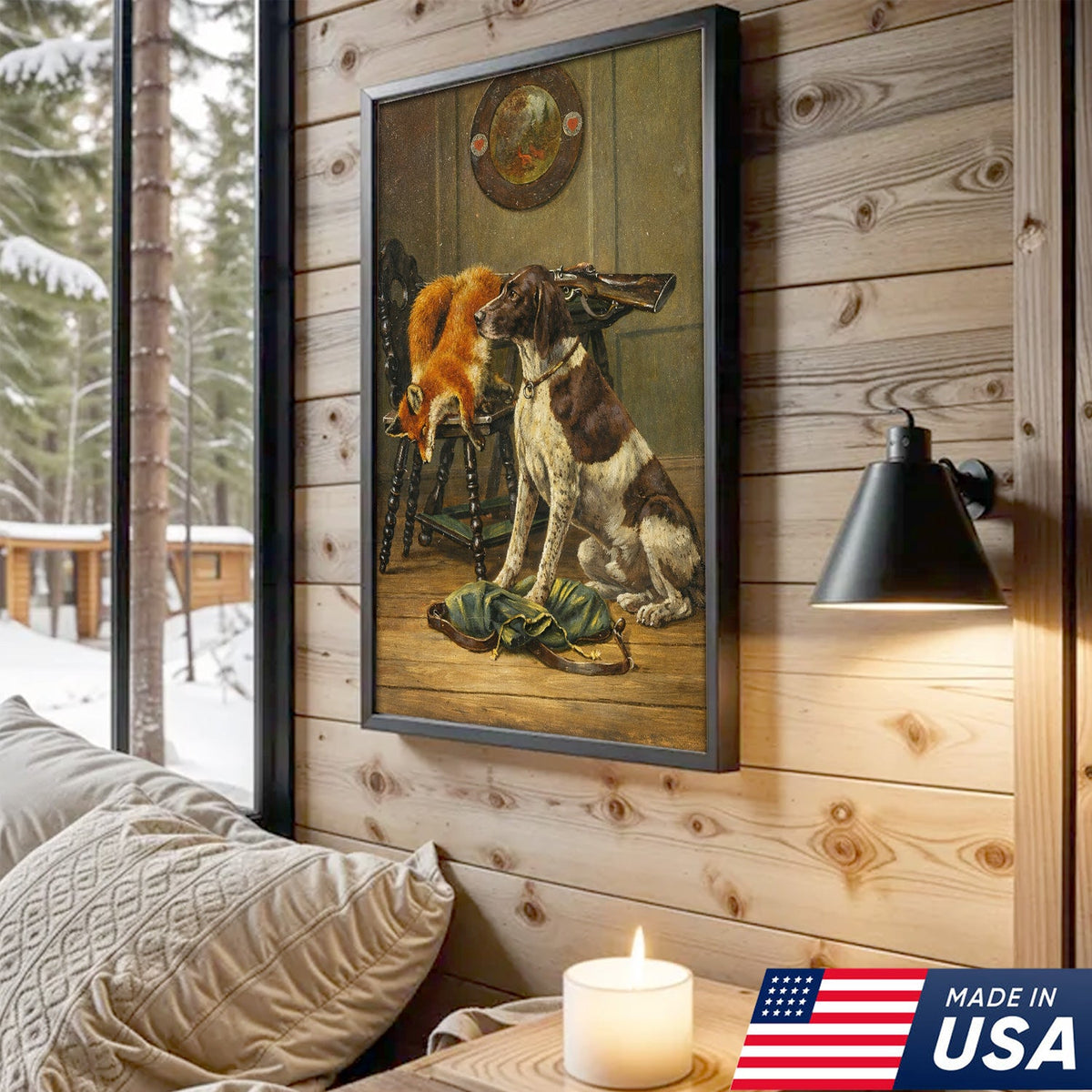 Vintage Hunting Dog and Fox Canvas Wall Art – Classic Sporting Rifle Still Life Print