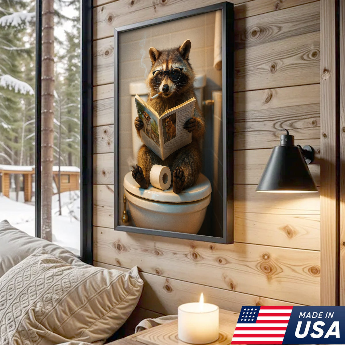 Funny Raccoon On Toilet Canvas – Smoking Raccoon Reading on Toilet, Bathroom Humor Wall Art