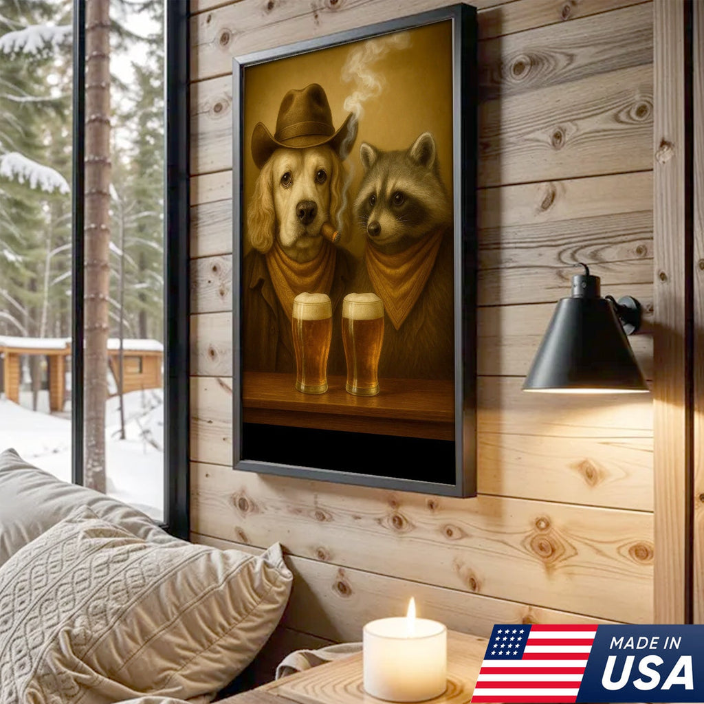 Funny Dog & Raccoon Bar Art – Cowboy Dog Smoking Cigar, Beer Buddies Wall Decor Gift for Men