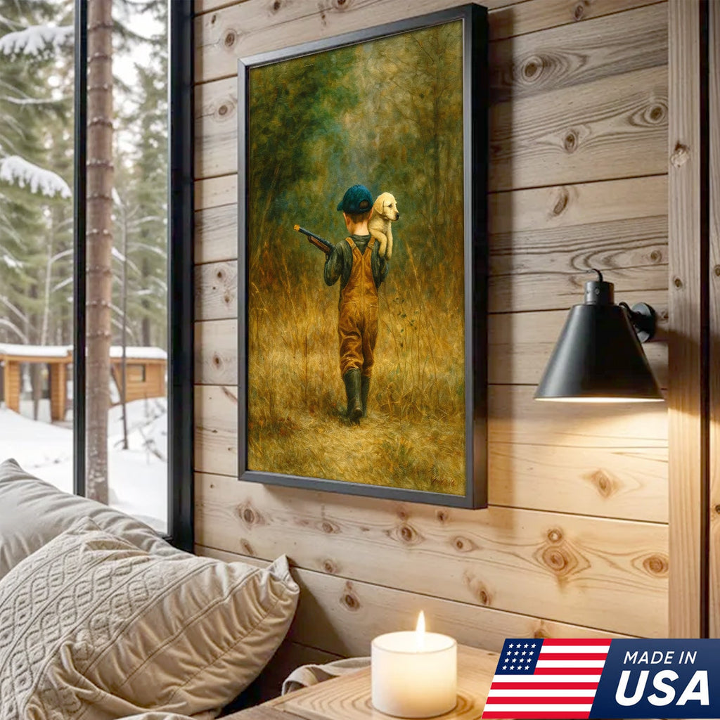 Little Hunter and Puppy Canvas Wall Art, Wholesome Boy with Dog Artwork