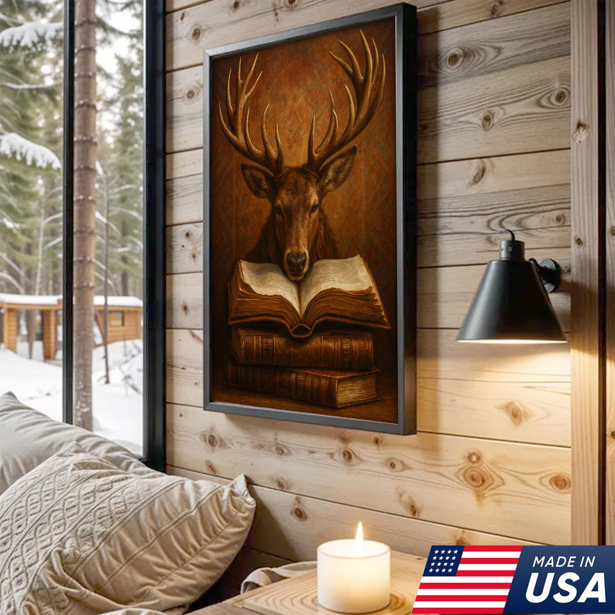 Wise Deer Canvas Wall Art – Rustic Library & Cabin Decor