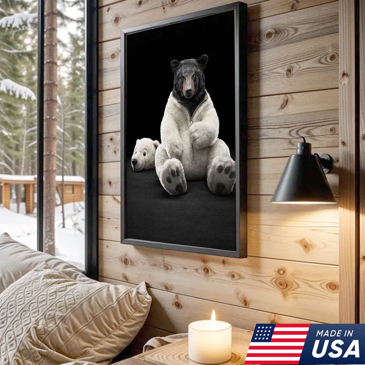 Cute Bear in Plush Suit Canvas Wall Art, Playful Bear Illustration with Soft Toy Head
