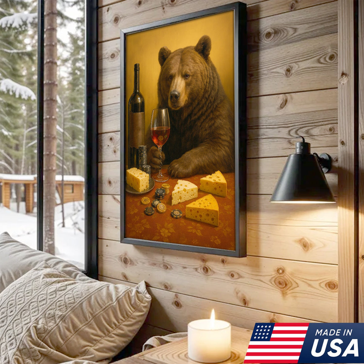 Funny Bear Wine & Cheese Wall Art Canvas - Poker Room Decor, Animal Painting for Home Bar