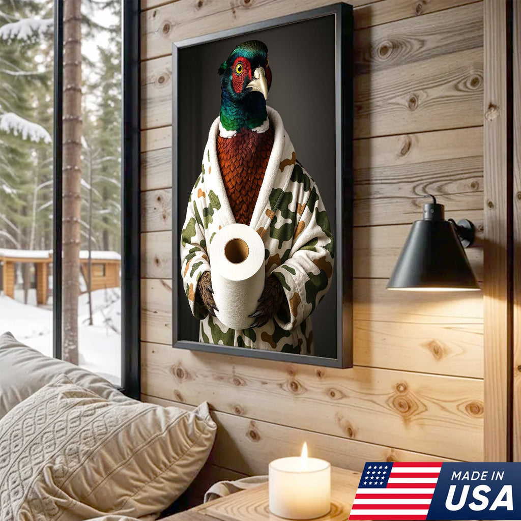 Funny Pheasant Bathroom Wall Art – Camo Robe Bird Holding Toilet Paper Print