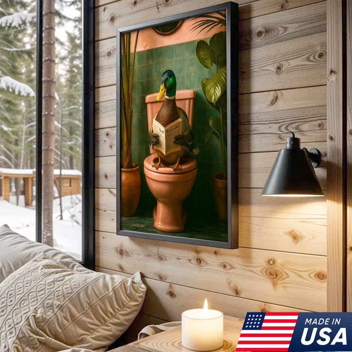 Whimsical Duck Bathroom Canvas Wall Art – Funny Rustic Lodge Decor – Mallard Reading Humor Print