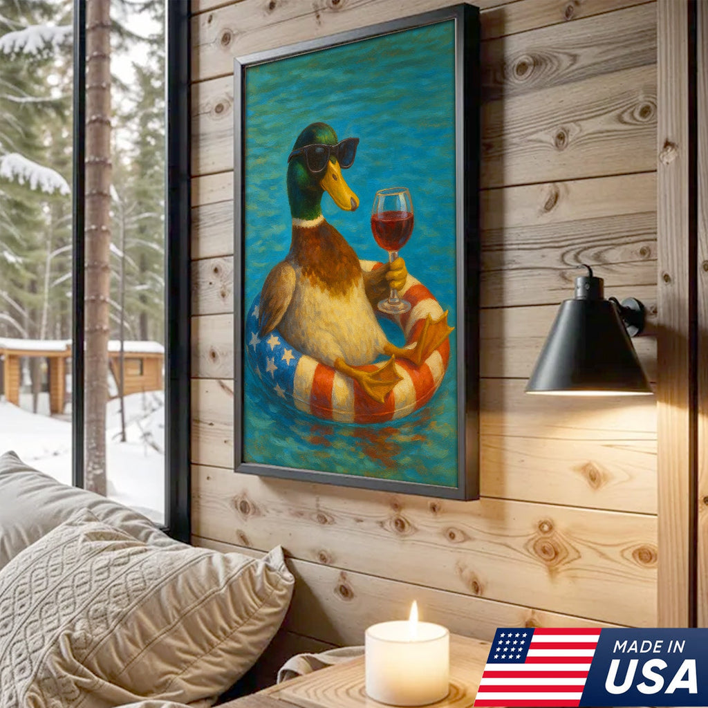 Cool Duck with Wine Canvas – Sunglasses, USA Flag Pool Float, Funny Summer Wall Art