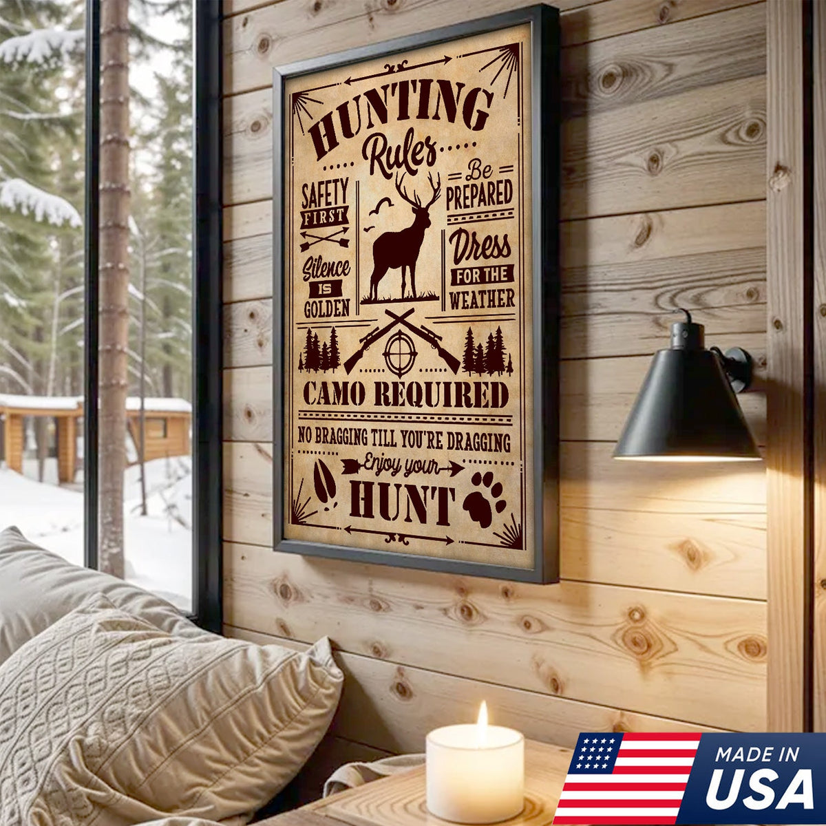 Hunting Rules Wall Art Canvas – Rustic Deer Hunting Lodge Decor – Safety First, Camo Required