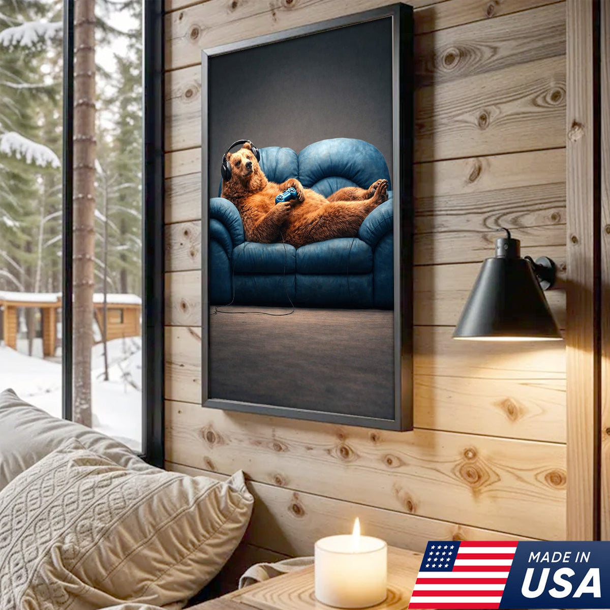 Funny Gamer Bear Wall Art Canvas Print, Relaxing Animal Gaming Illustration