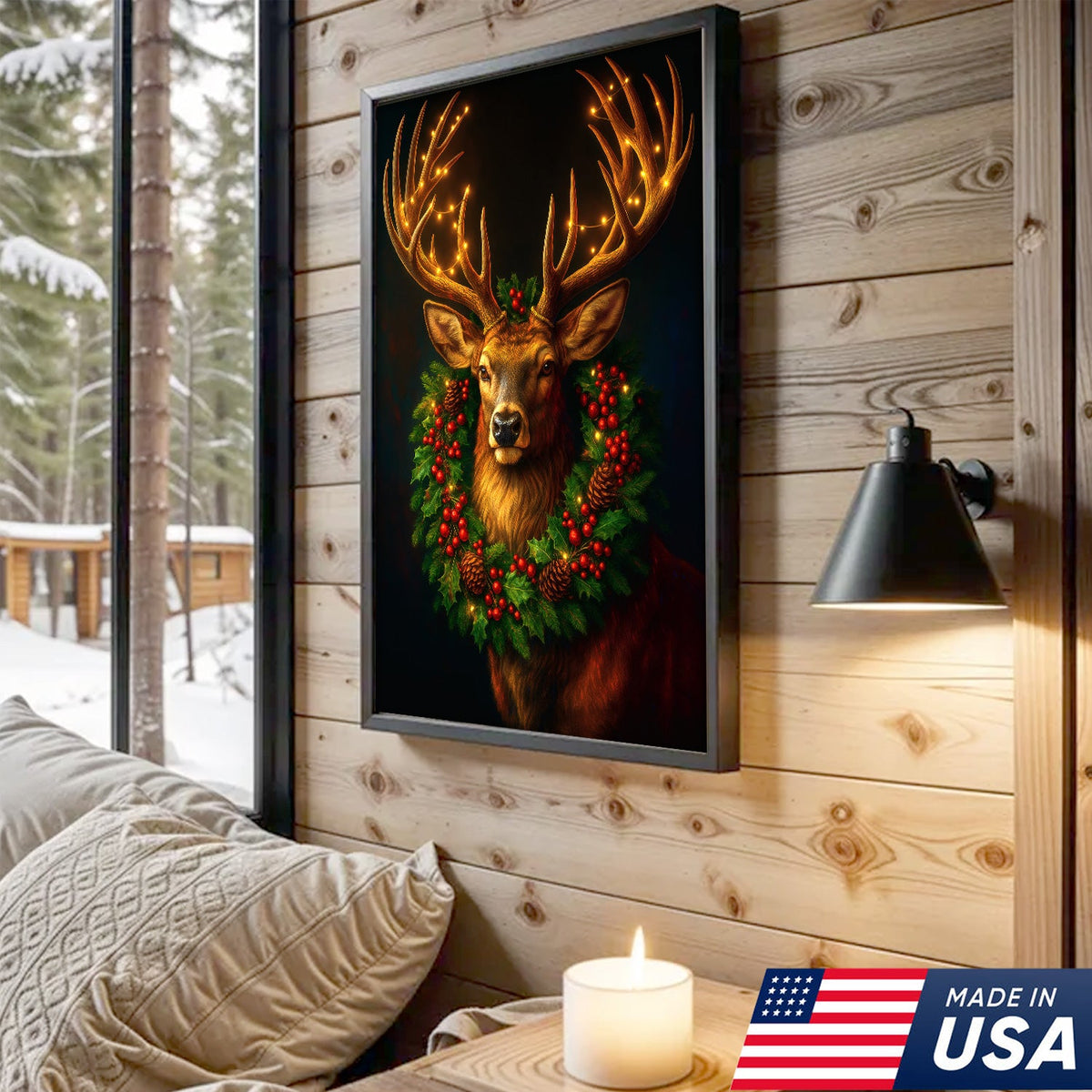 Christmas Deer Canvas Wall Art - Rustic Holiday Decor for Hunters, Cabin & Lodge Christmas Gift