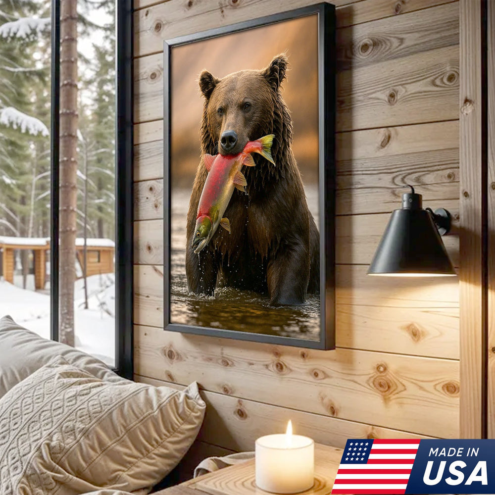 Bear Catching Salmon Canvas Wall Art, Wildlife River Cabin Decor, Nature Lover Gift