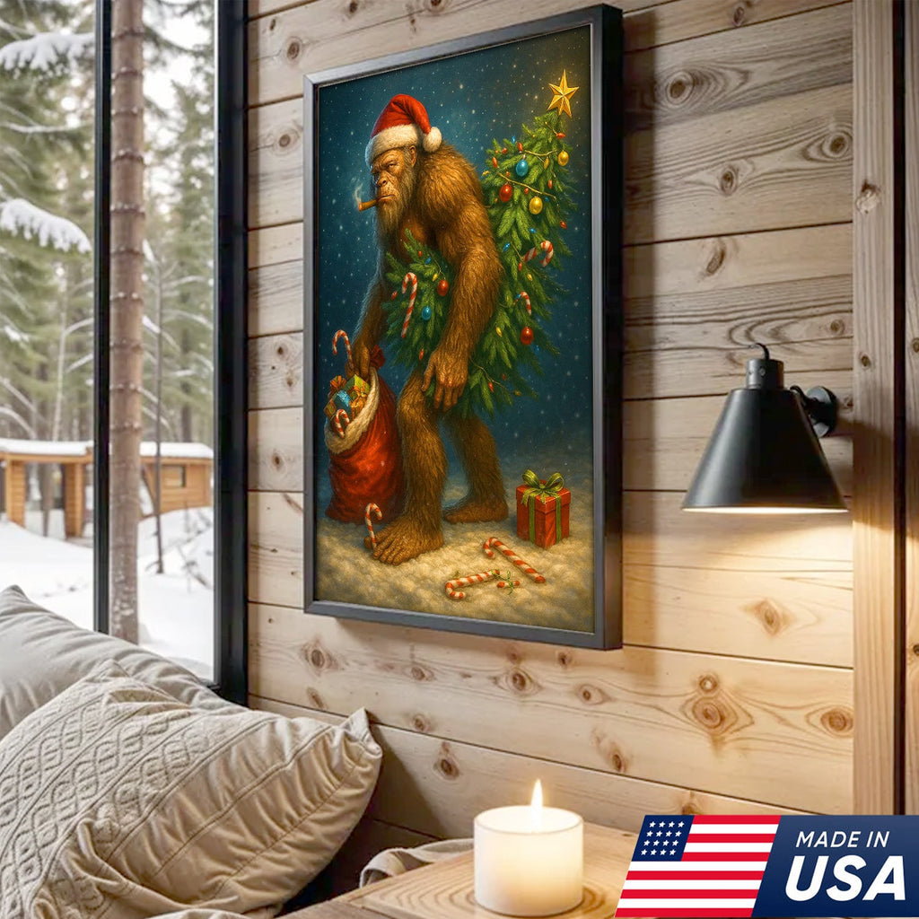 Funny Bigfoot Christmas Canvas Art, Sasquatch Holiday Wall Decor with Candy Canes