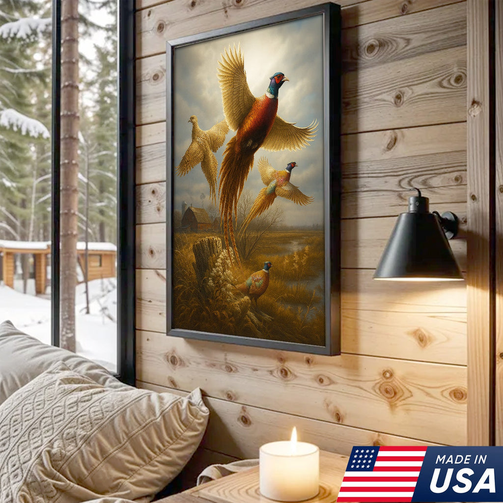 Pheasant in Flight Canvas – Rustic Countryside Wall Art for Lodge & Hunting Decor