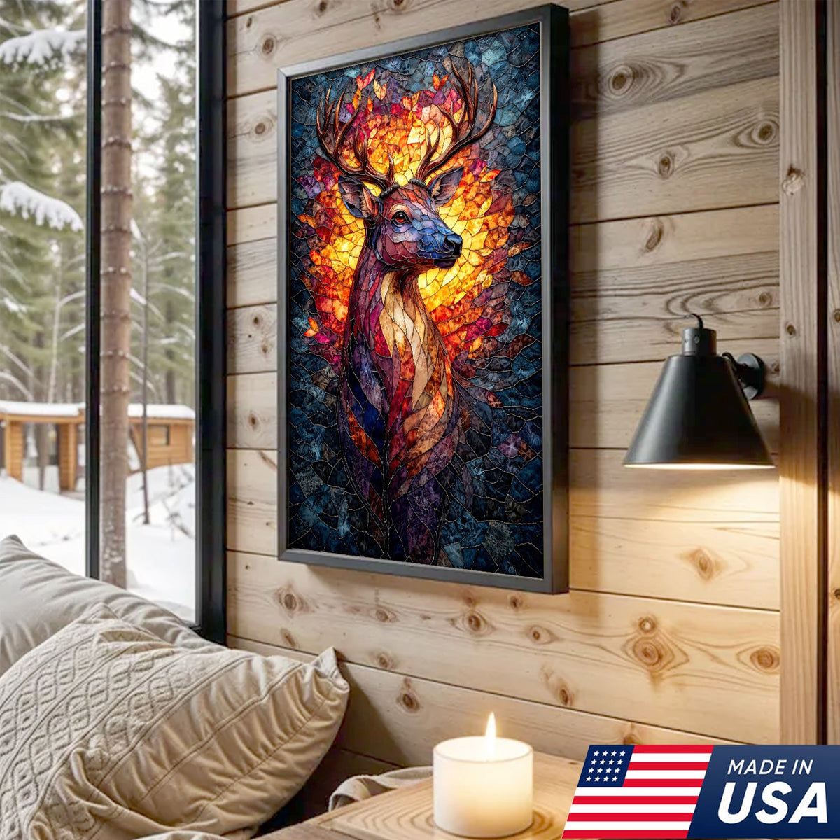 Stained Glass Deer Canvas Wall Art, Colorful Mosaic Animal Portrait