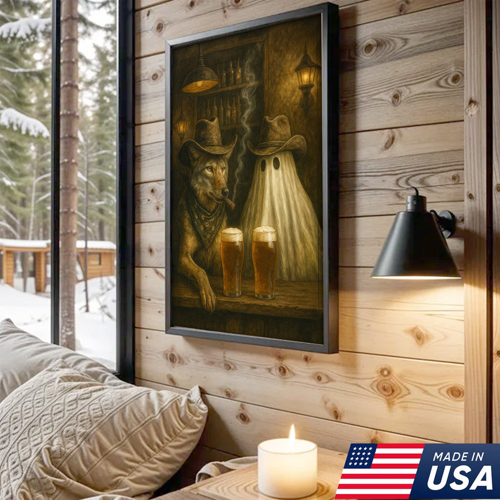 Cowboy Wolf & Ghost Canvas – Rustic Western Bar Wall Art for Halloween