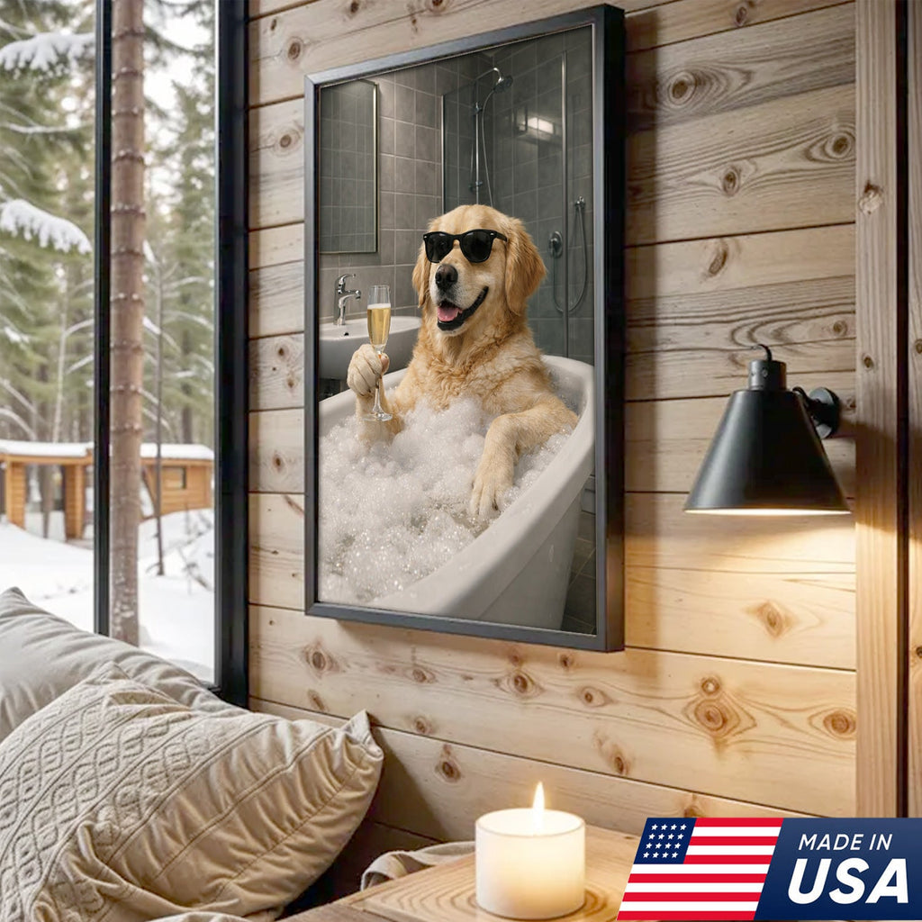 Golden Retriever Bath Canvas Wall Art, Funny Dog Bathroom Decor