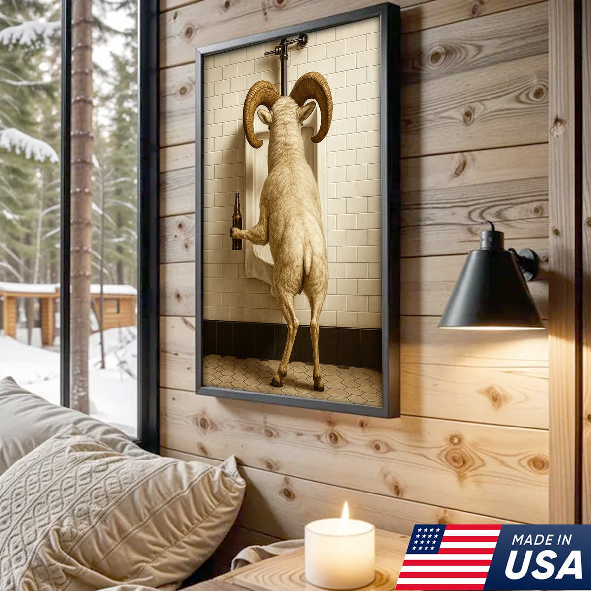 Whimsical Dall Sheep Canvas Wall Art - Funny Rustic Bathroom Decor for Cabin, Farmhouse, and Lodge