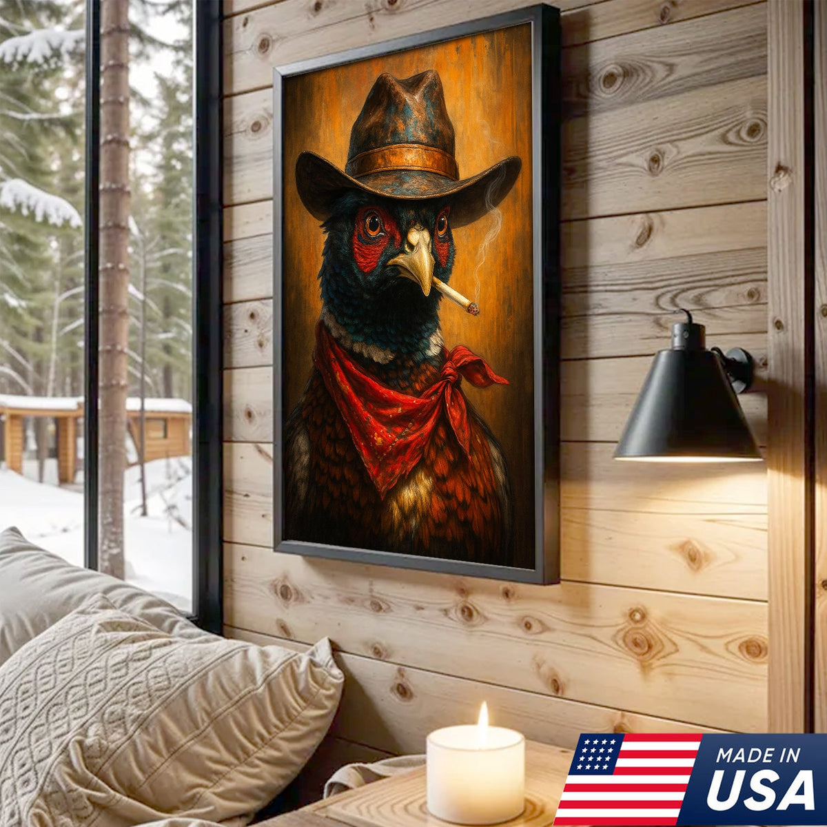 Smoking Pheasant Cowboy Portrait Canvas – Rustic Western Wall Art for Man Cave Decor