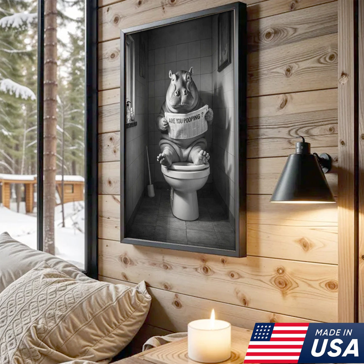 Funny Hippo Bathroom Wall Art, Are You Pooping Hippo Toilet Canvas