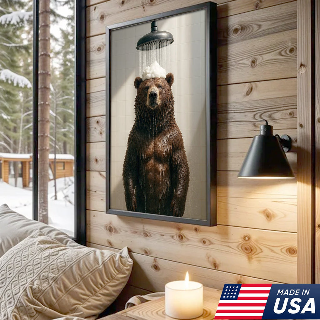 Funny Bear Taking Shower Bathroom Canvas Wall Art, Rustic Cabin Lodge Bathroom Decor
