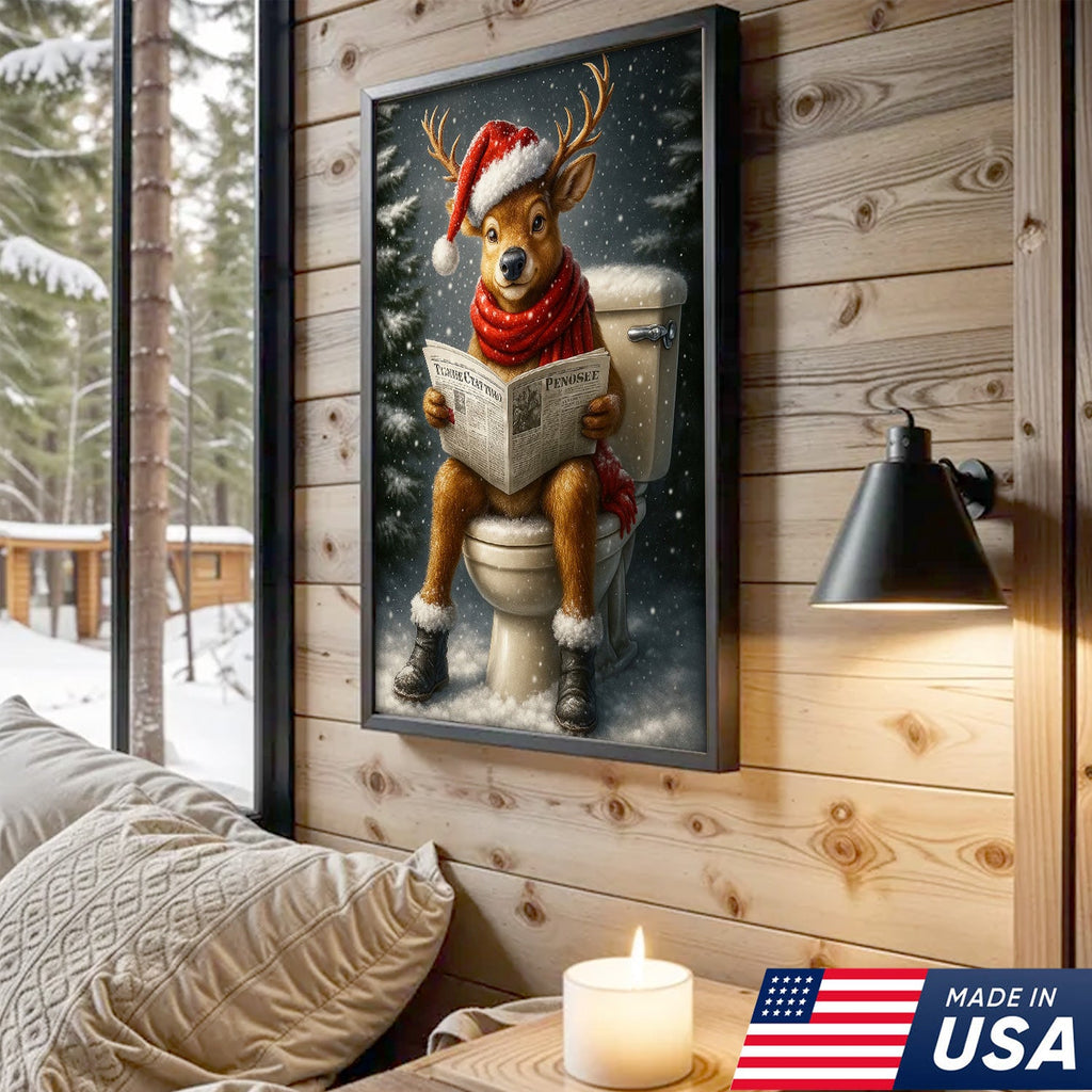 Funny Deer Christmas Canvas Wall Art – Holiday Bathroom Decor – Rustic Hunting Lodge Gift