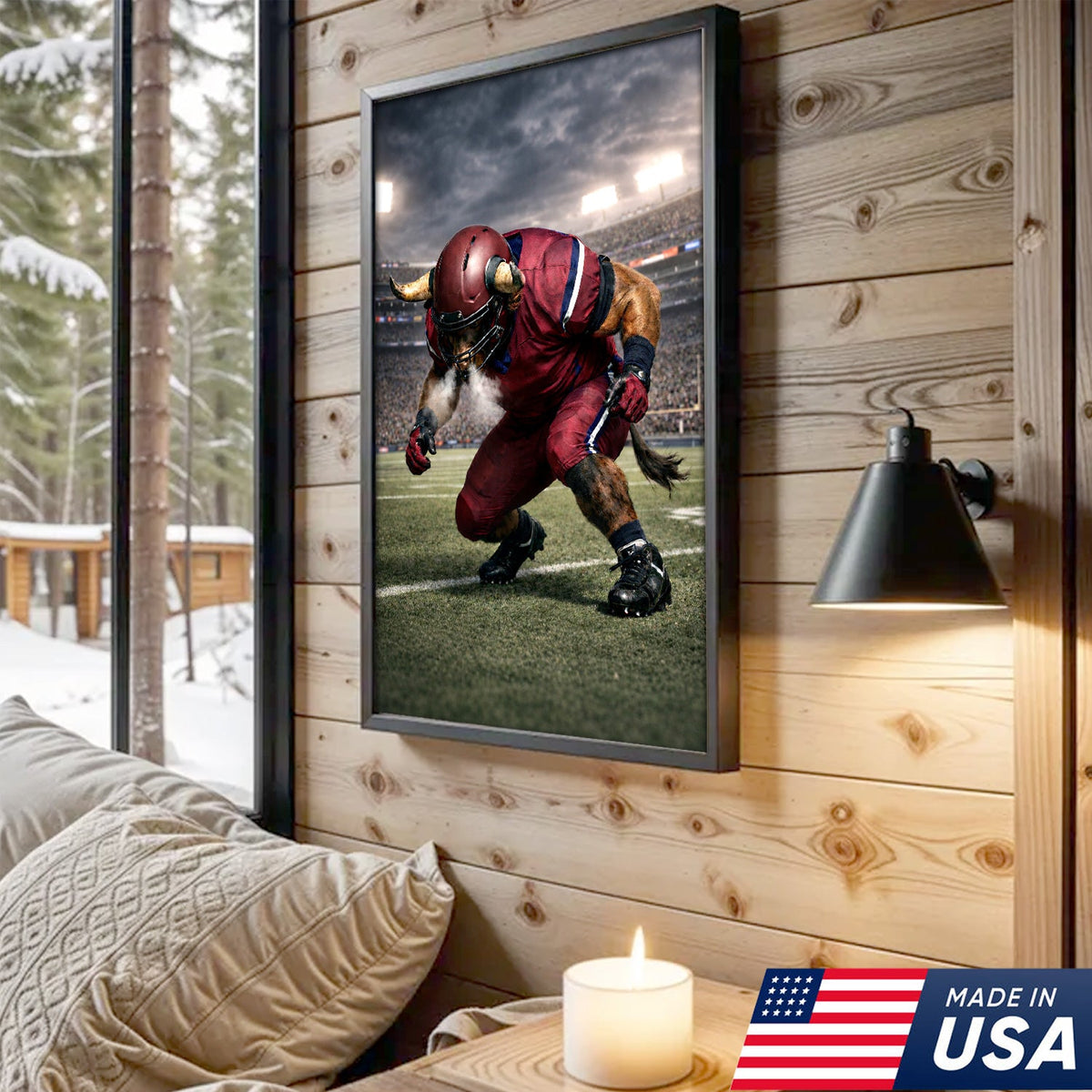 Fierce Bull Football Canvas Wall Art – Charging Horned Athlete Stadium Print