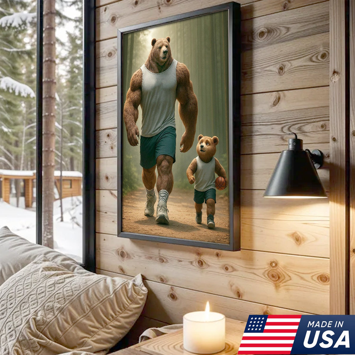Buff Bear Dad and Cub Canvas Wall Art, Fitness Father and Son Bear Print