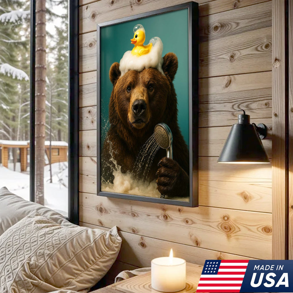 Funny Bear Bathroom Wall Art Canvas – Cute Bear Bubble Bath with Rubber Duck