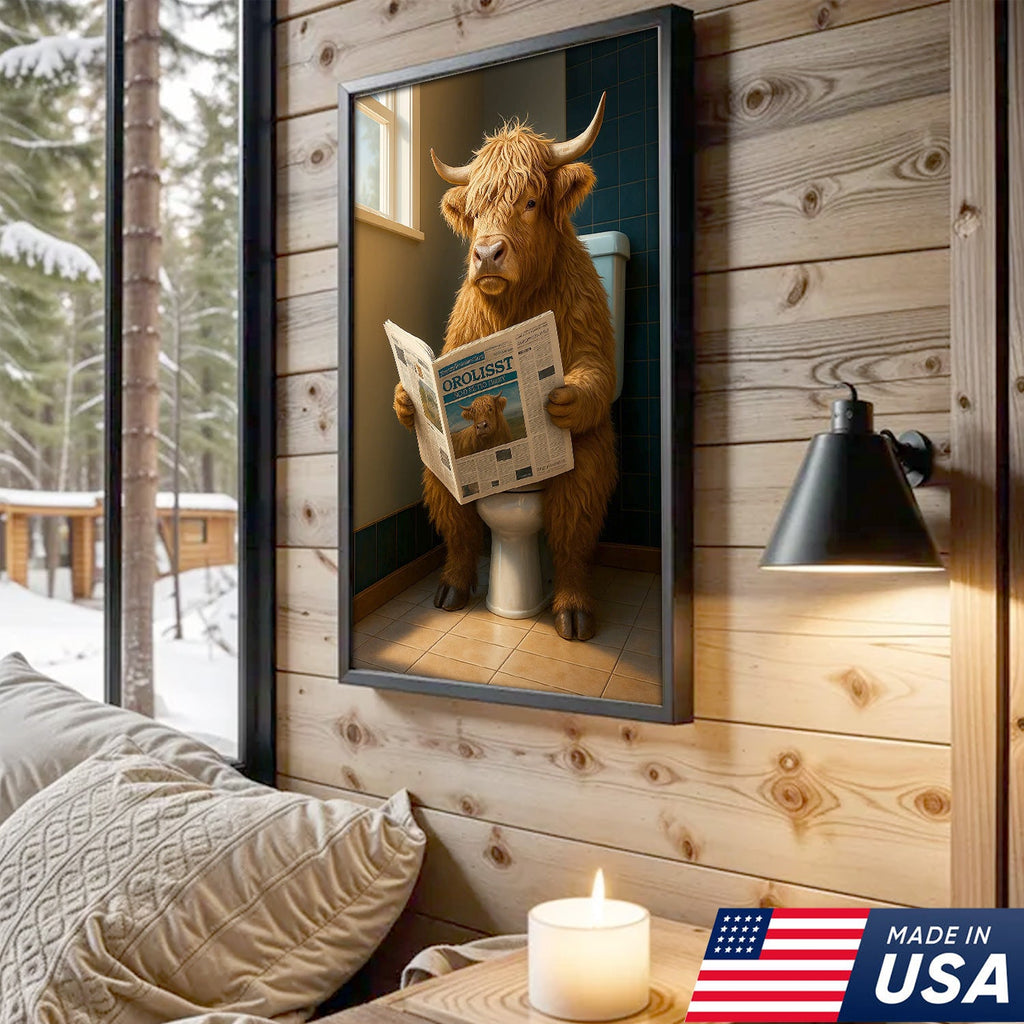 Highland Cow Bathroom Canvas Wall Art, Funny Farmhouse Restroom Decor