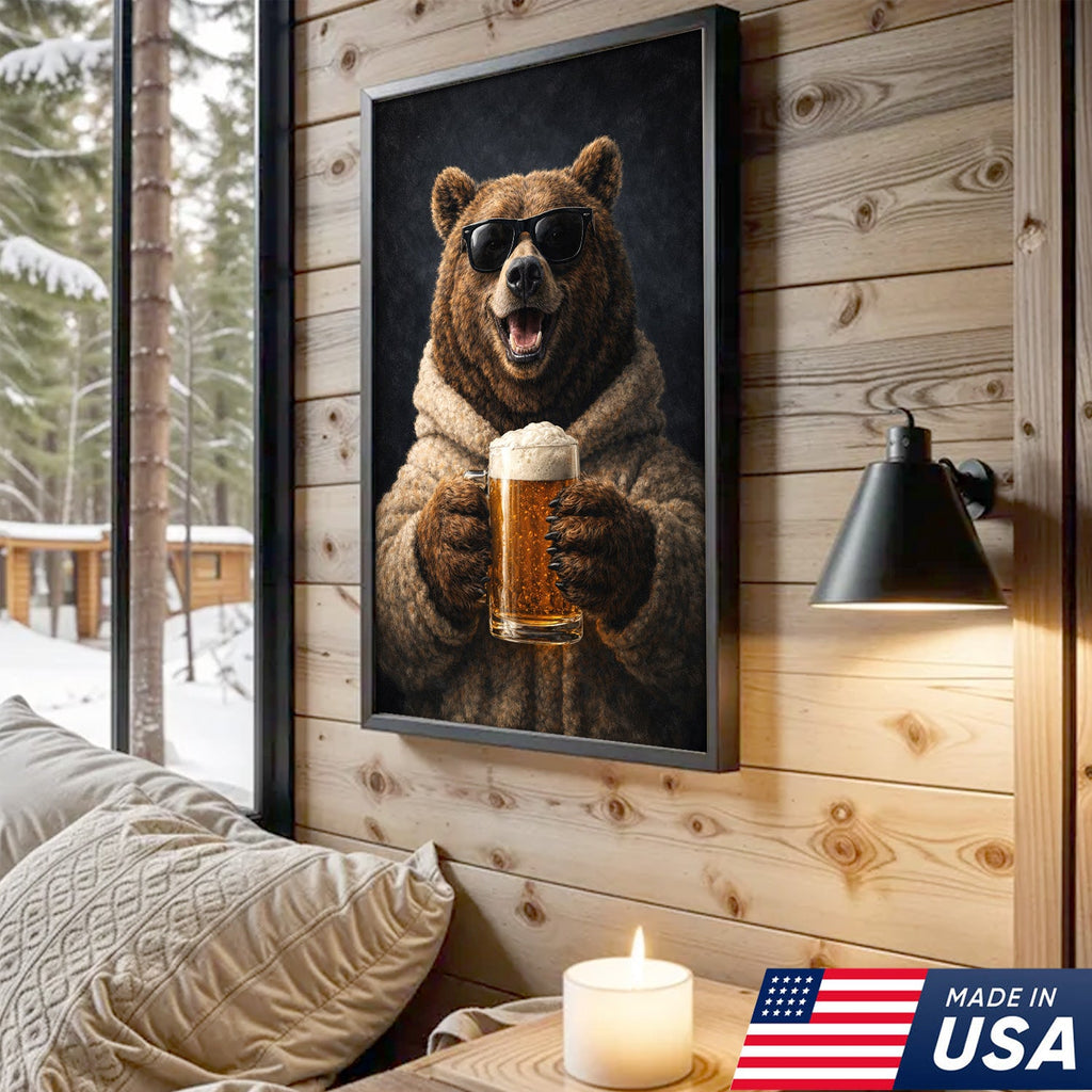 Funny Beer Bear Canvas Print Gift for Him Dad Husband Man Cave Decor