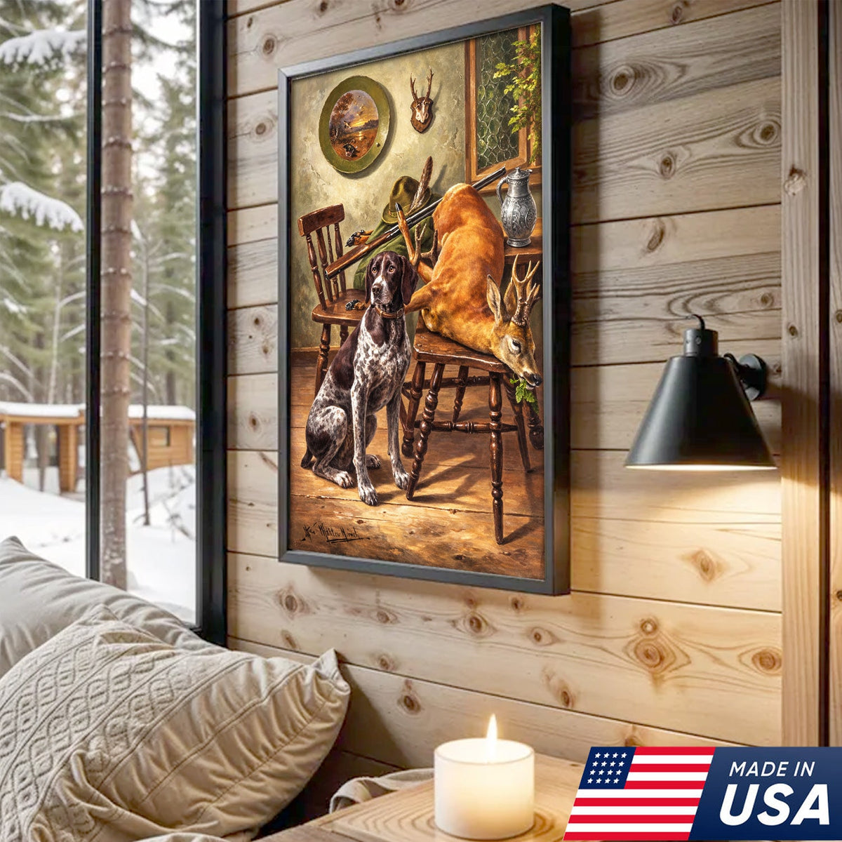 Vintage Hunting Dog and Deer Canvas Wall Art – Classic Sporting Cabin Scene Print with Rifle