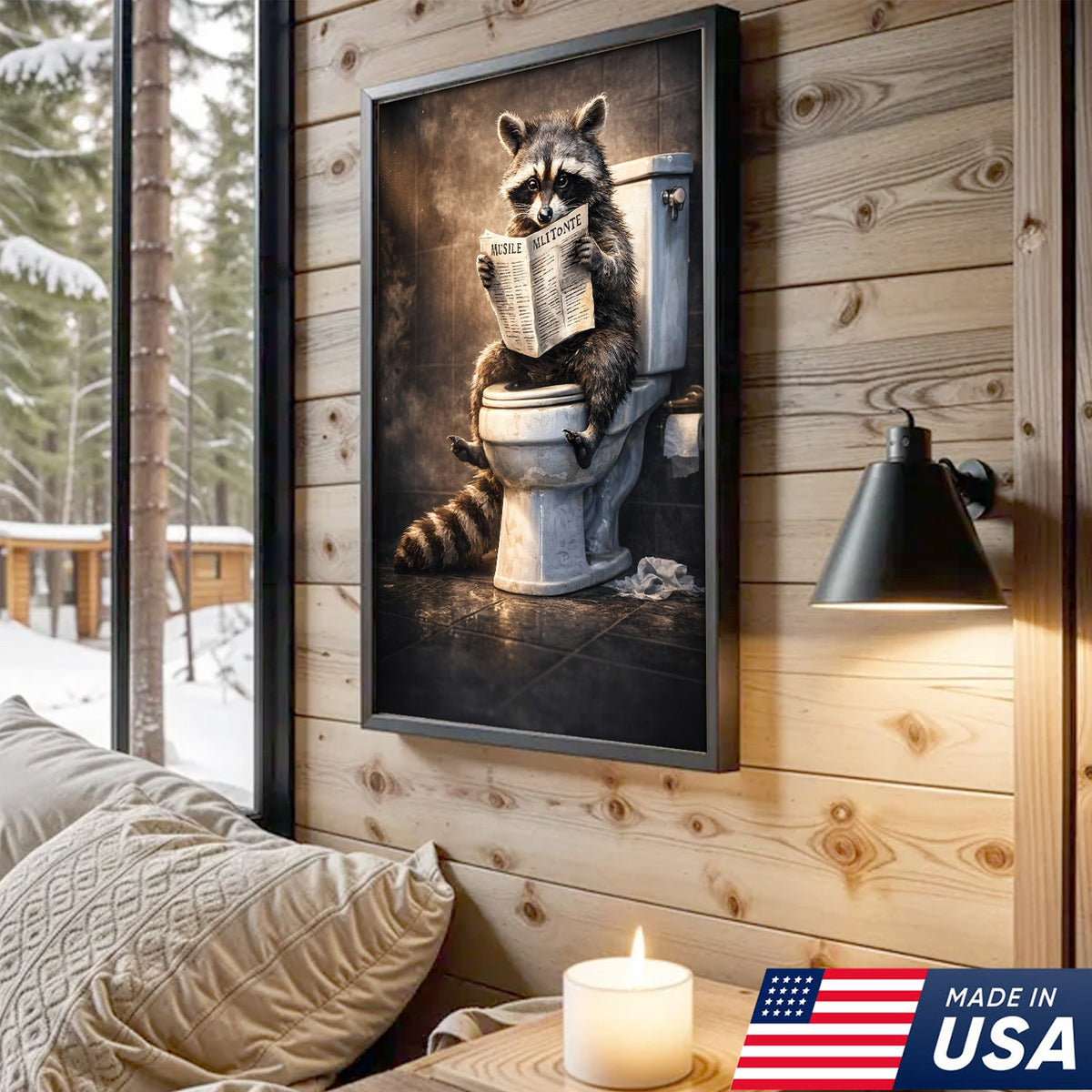 Funny Raccoon Toilet Reading Canvas – Quirky Bathroom Humor Wall Art