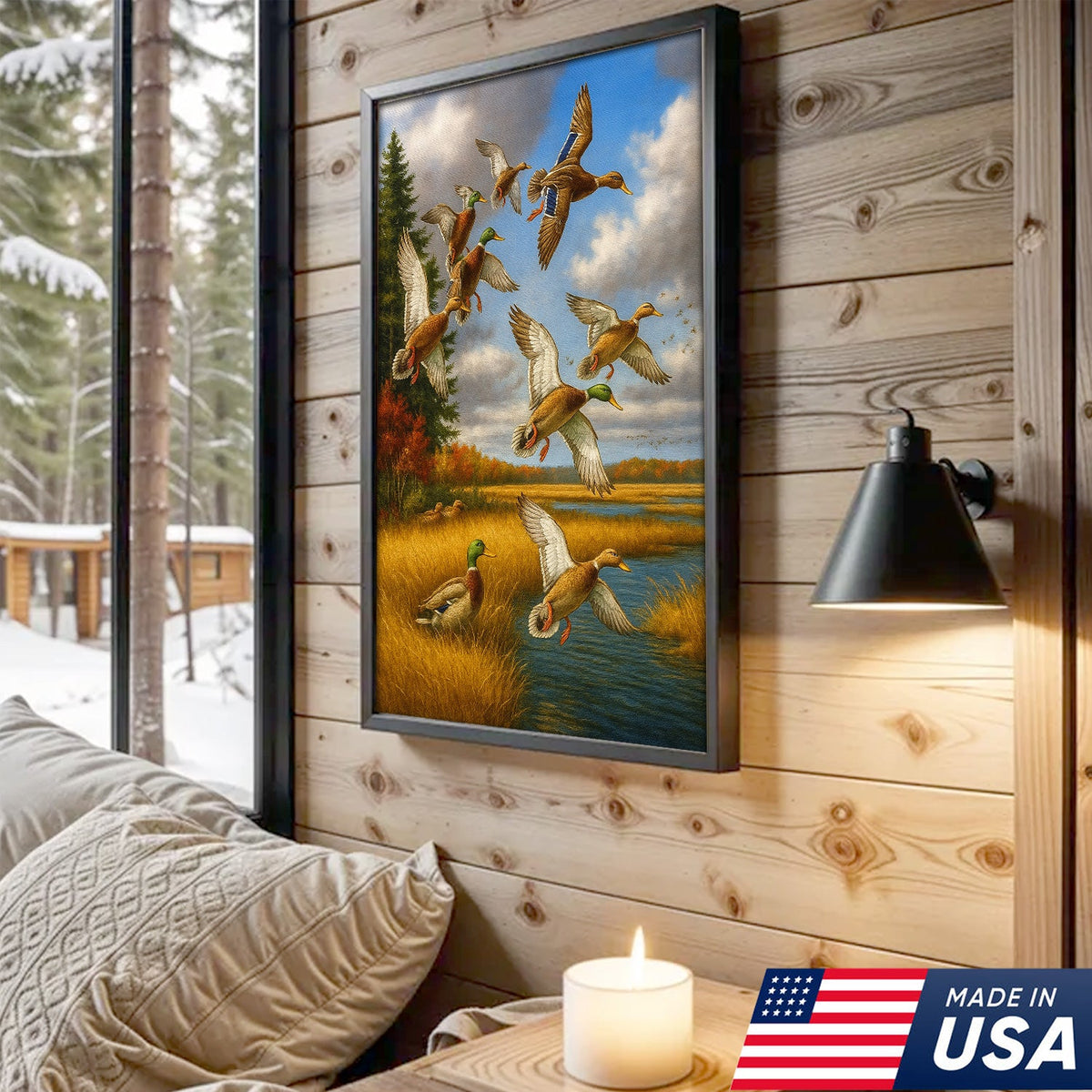 Mallard Ducks Flying Wall Art Canvas – Vintage Waterfowl Hunting Scene Canvas for Outdoorsmen