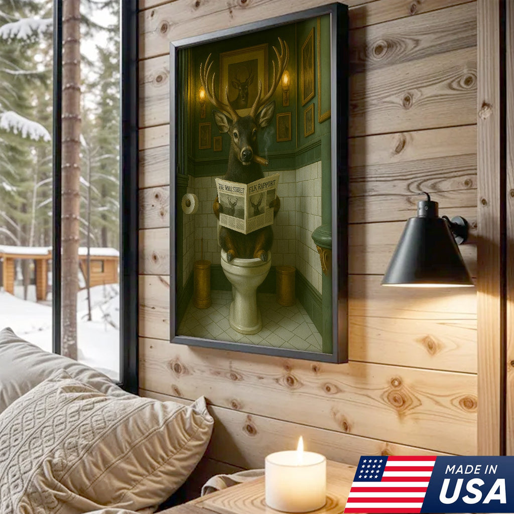 Black-Tailed Deer On Toilet Canvas Wall Art – Unique Funny Bathroom Decor Gift