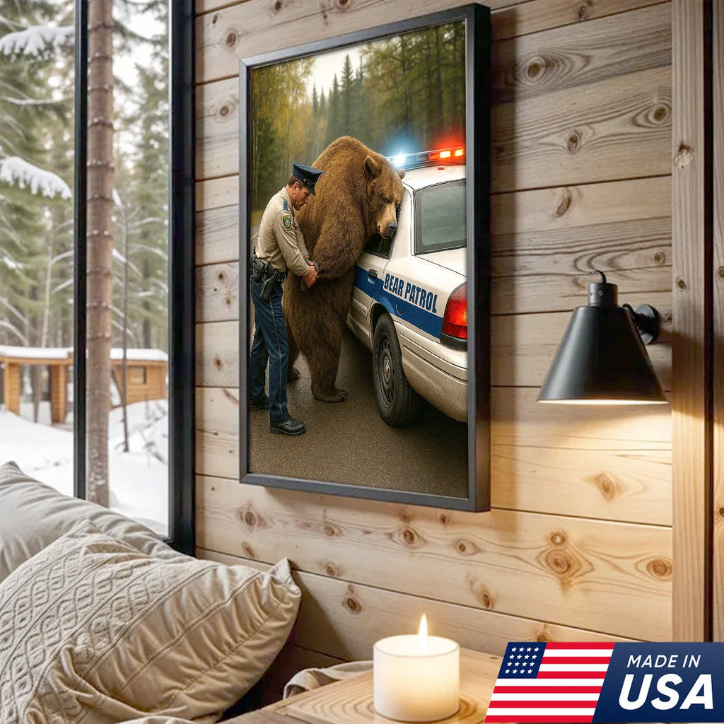 Funny Bear Patrol Canvas Wall Art, Humorous Wildlife Police Artwork, Rustic Cabin Decor