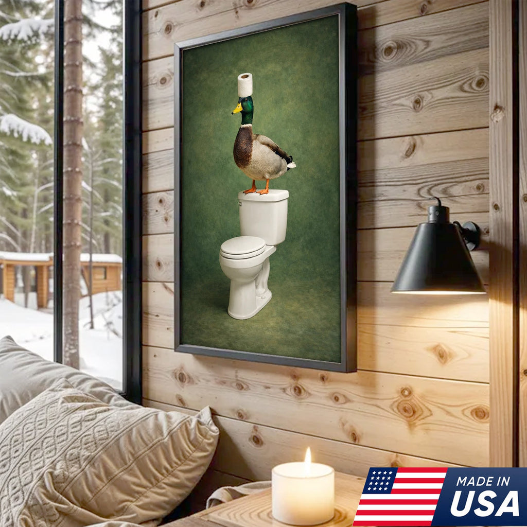Funny Duck Bathroom Wall Art, Duck on Toilet Bathroom Canvas