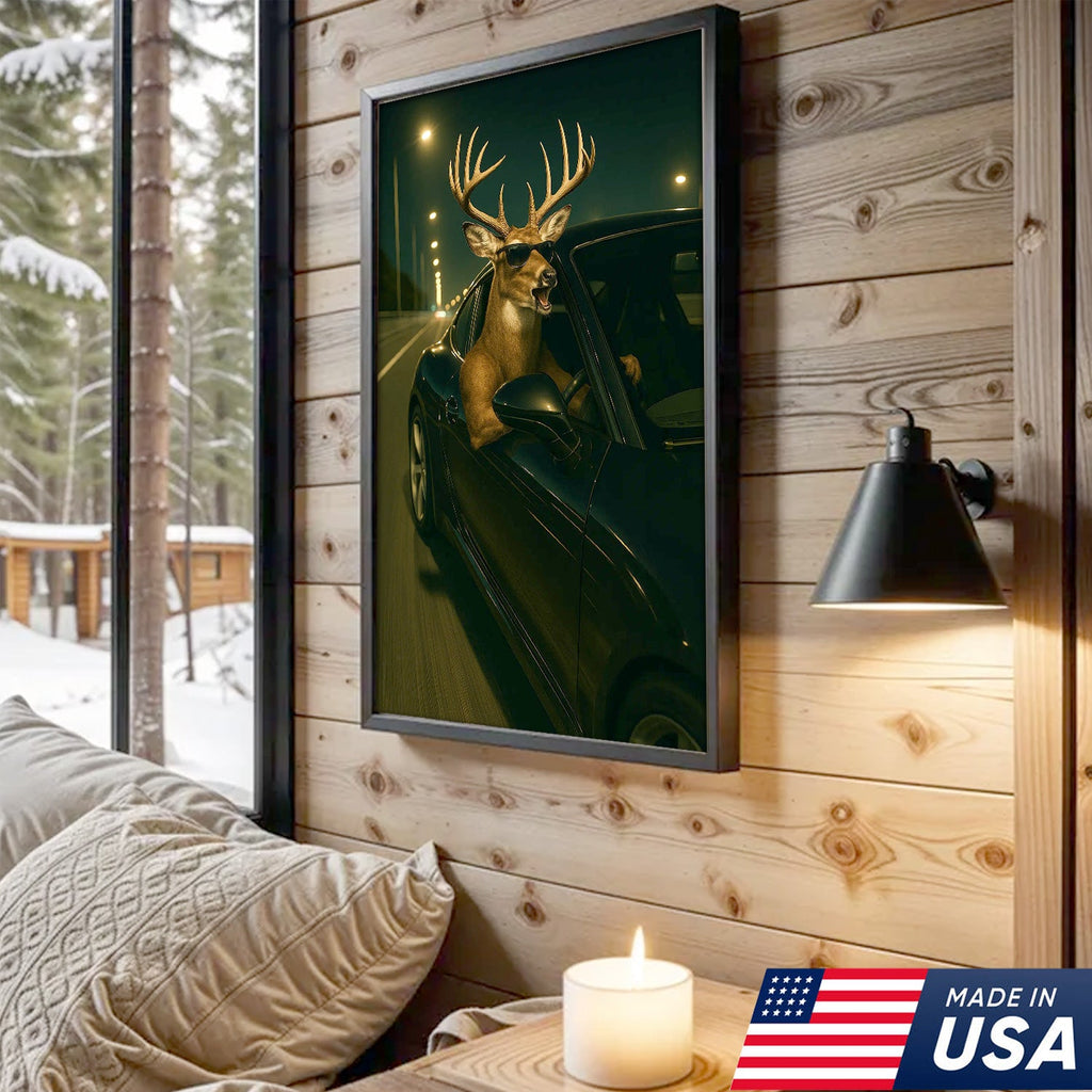 Funny Deer Driving Canvas, Cool Buck in Car Wall Art, Humorous Hunter Gift