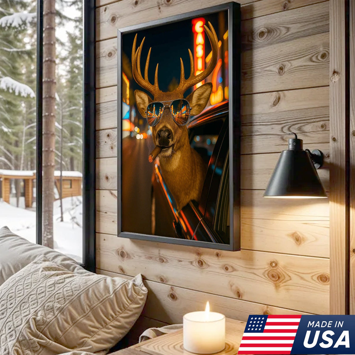 Cool Deer Canvas Wall Art - Funny Rustic Lodge Decor with Sunglasses and Night City Vibes
