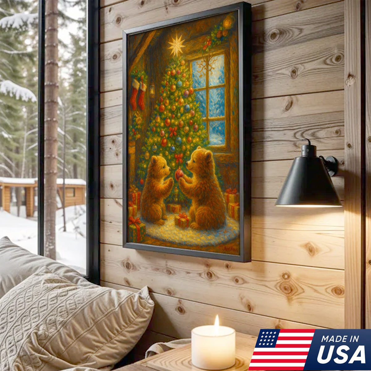 Christmas Bear Cubs Wall Art Canvas — Cozy Holiday Tree Scene, Cute Winter Animal Wall Decor