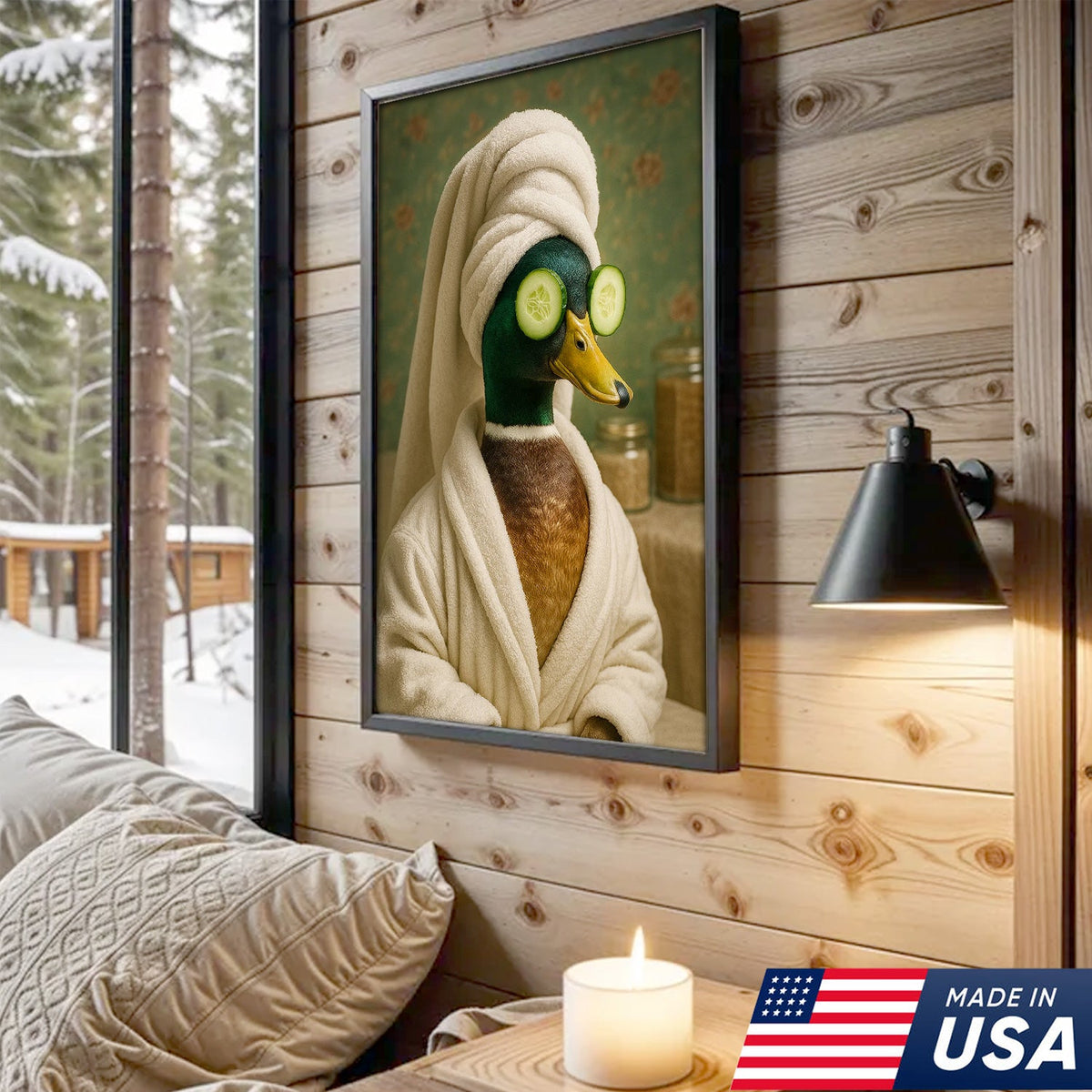 Spa Day Duck Canvas Wall Art, Funny Bathroom Spa Decor, Mallard in Robe with Cucumber Eyes