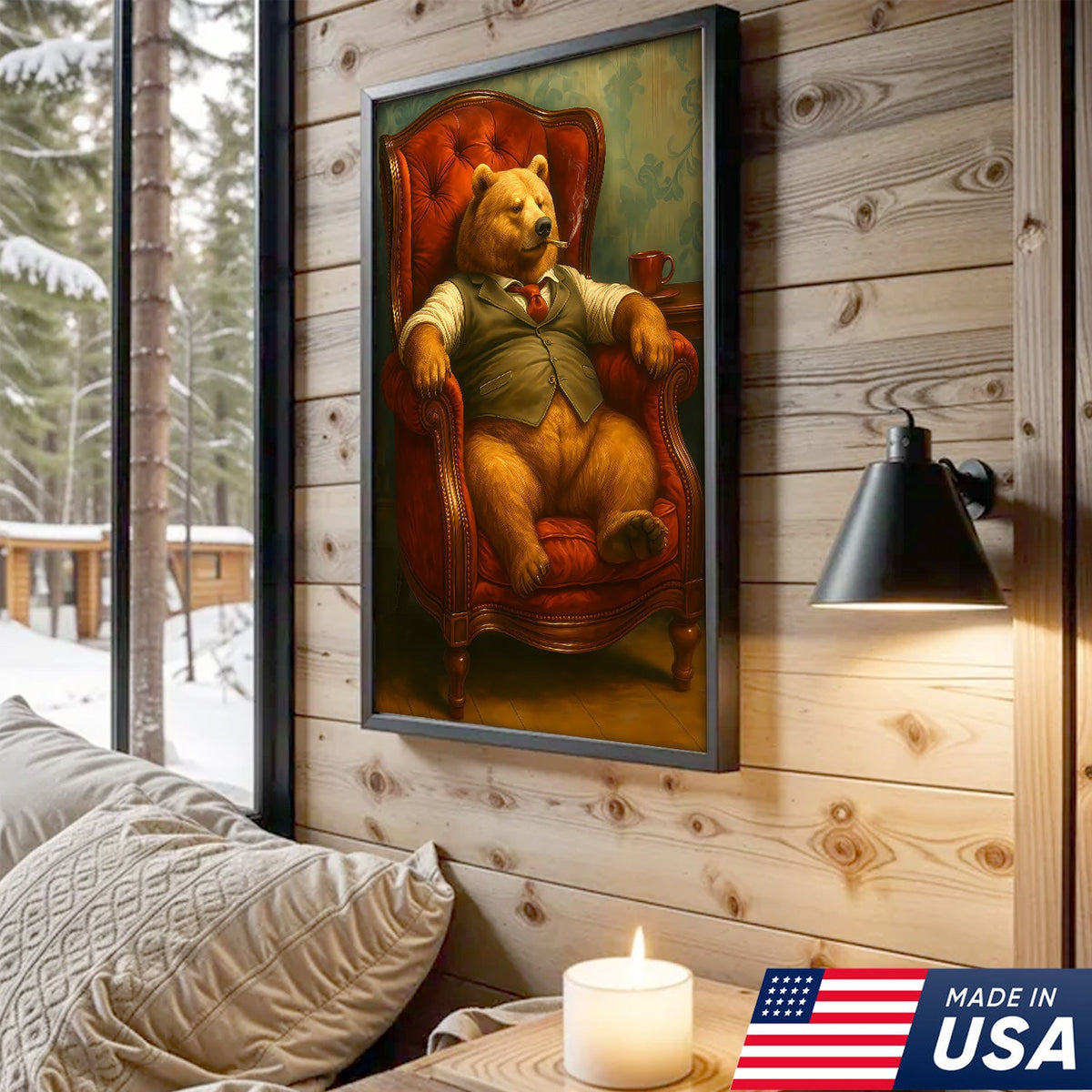 Gentleman Bear Sitting in Chair Canvas Art – Funny Gift for Men Who Love Class & Chill Vibes