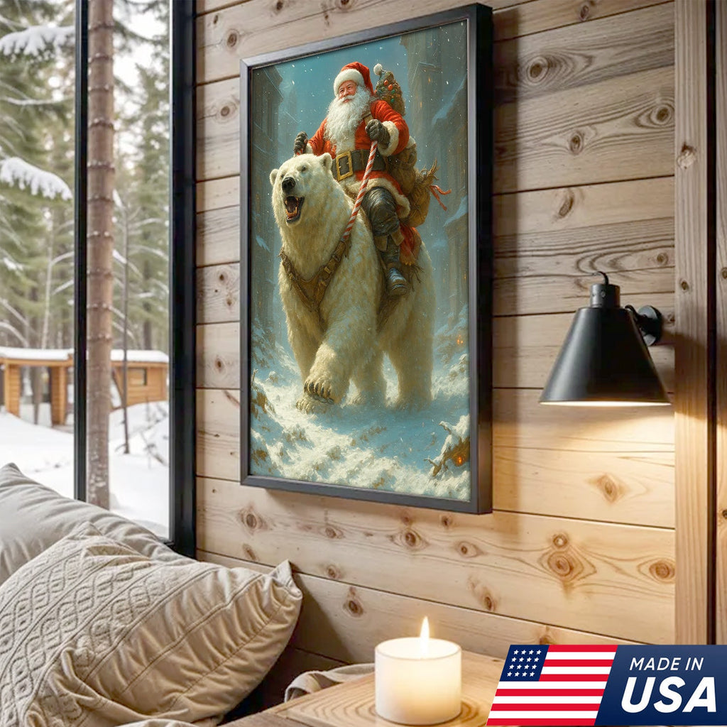 Santa Riding Polar Bear Canvas Wall Art, Epic Christmas Adventure Santa Print