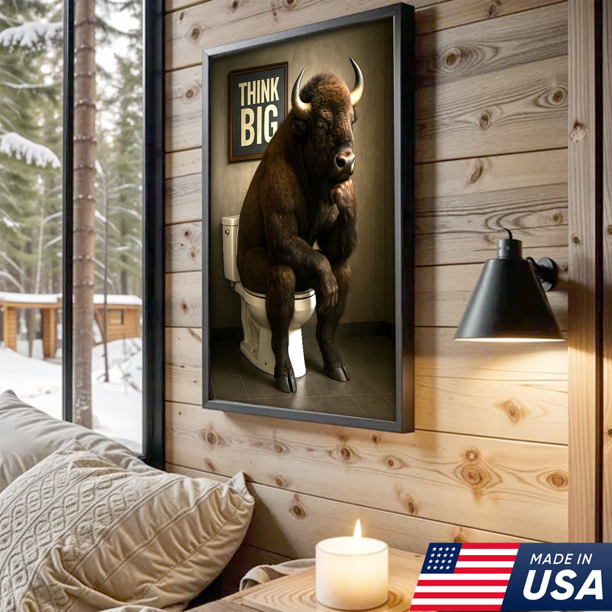Funny Buffalo Bathroom Wall Art – Think Big Bison Canvas, Rustic Farmhouse Animal Decor