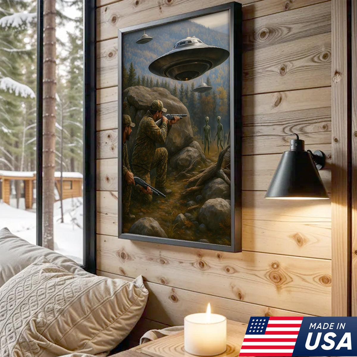 Alien Encounter Hunting Canvas Wall Art, Funny Hunters vs UFO Scene