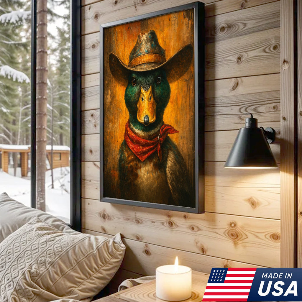 Cowboy Duck Portrait Canvas – Rustic Western Wall Art for Man Cave & Lodge Decor
