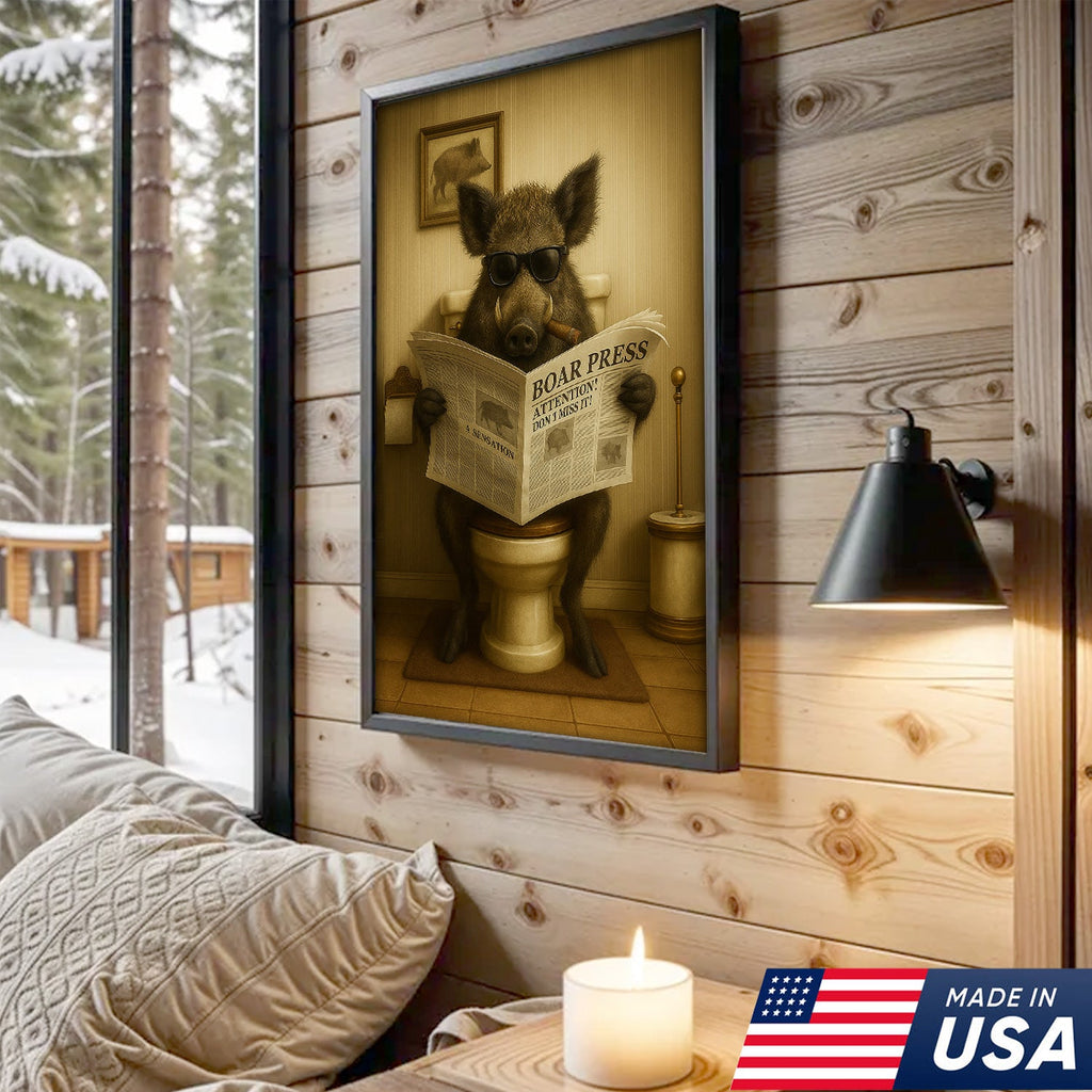 Funny Wild Boar Reading Newspaper Canvas – Funny Bathroom Wall Art