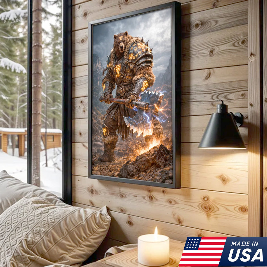 Thunder Rune Bear Canvas Wall Art – Epic Fantasy Warrior with Lightning Axe