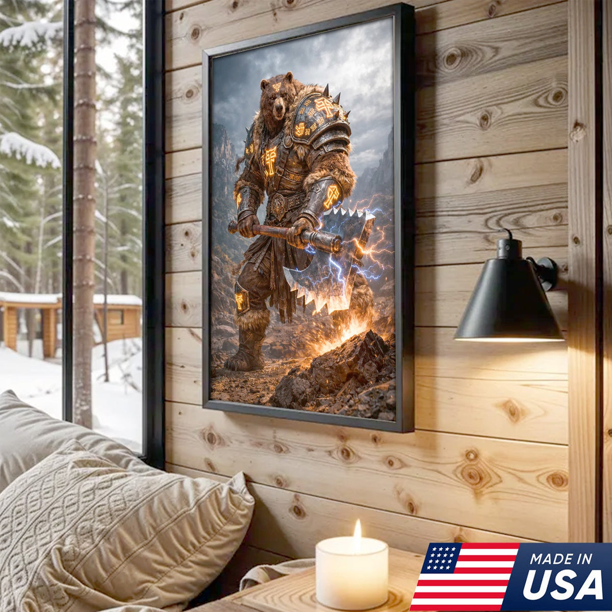 Thunder Rune Bear Canvas Wall Art – Epic Fantasy Warrior with Lightning Axe