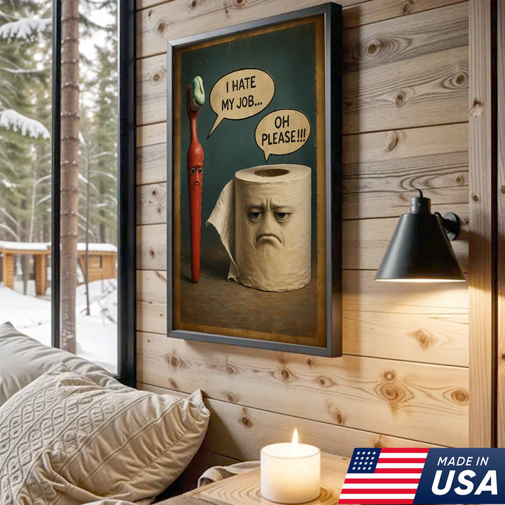 Funny Bathroom Humor Canvas Wall Art, Talking Toothbrush and Toilet Paper Print