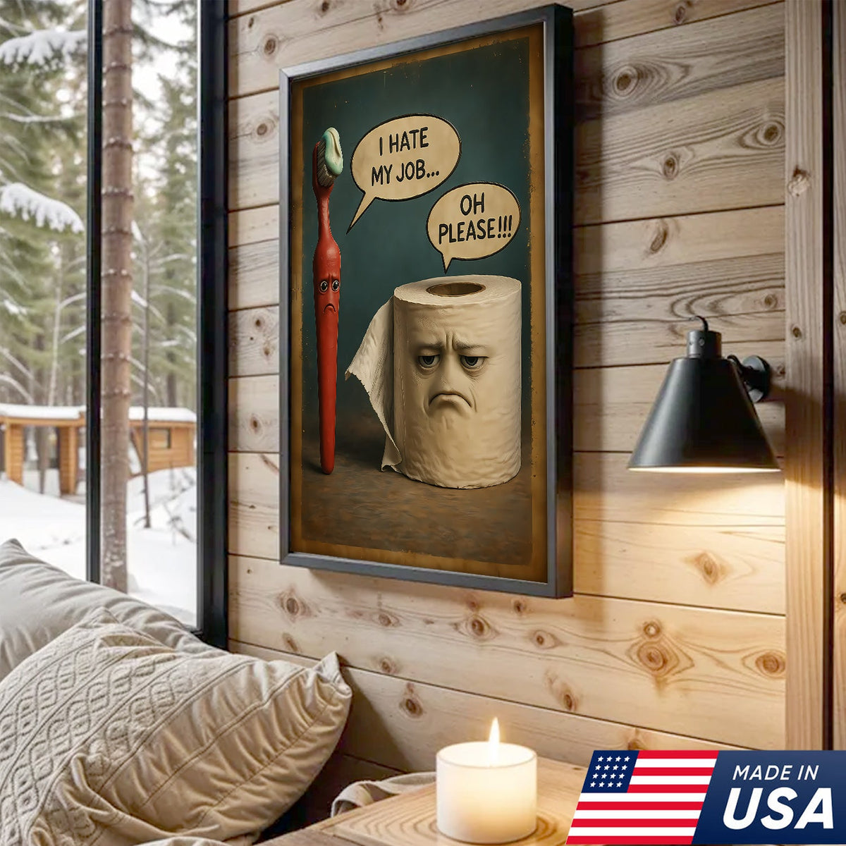 Funny Bathroom Humor Canvas Wall Art, Talking Toothbrush and Toilet Paper Print