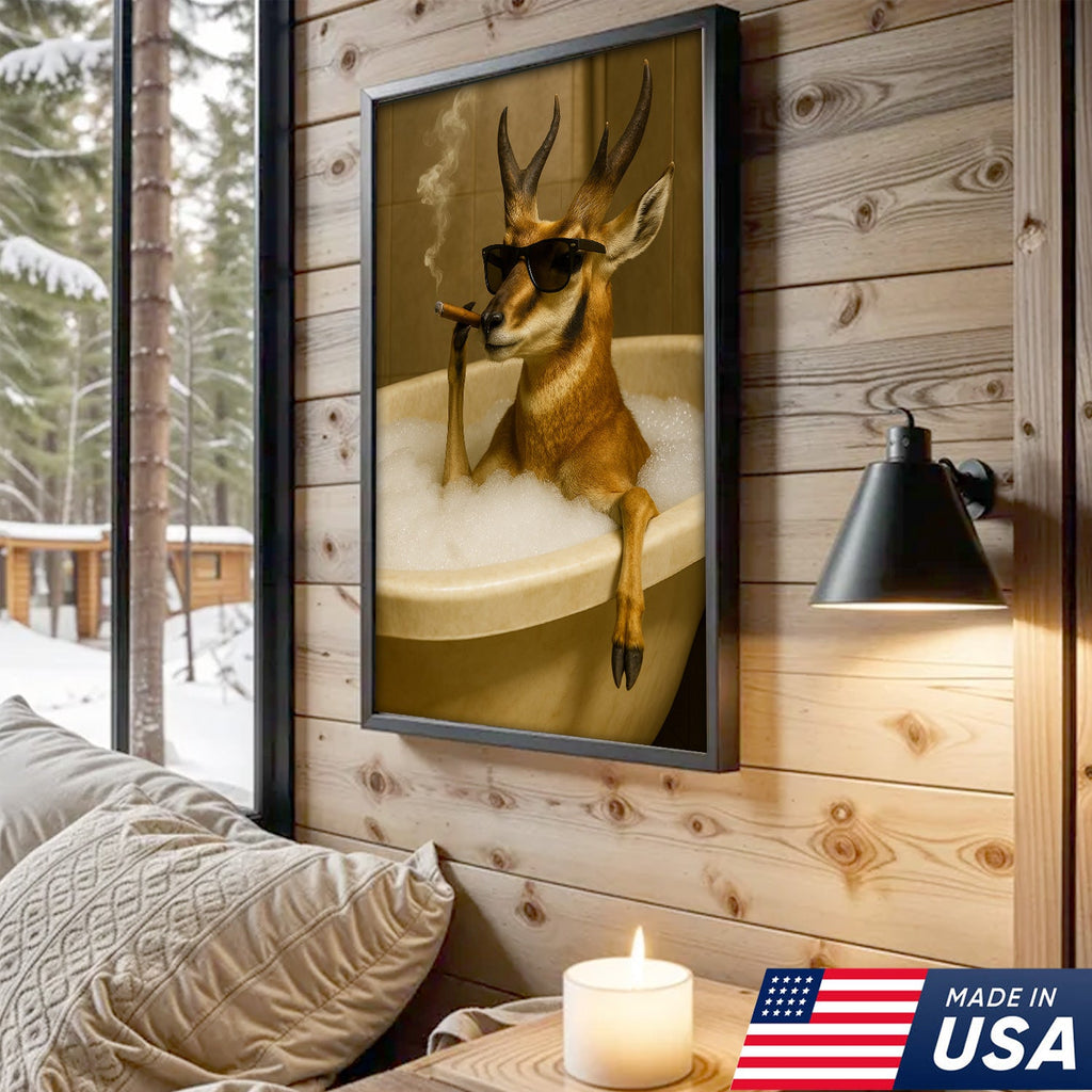 Funny Pronghorn Antelope Smoking Canvas Wall Art – Cool Bathtub & Cigar Gift for Hunters